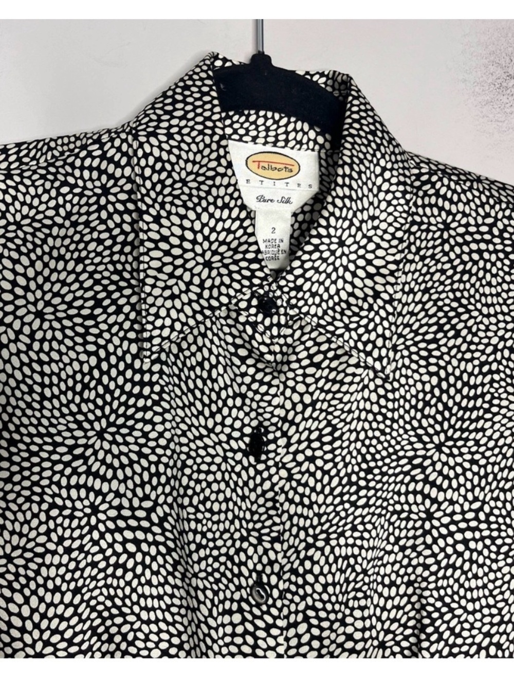 Talbots Vintage 100% Silk Black/White Dot Floral Long Sleeve Size 18 - Picture 2 of 4